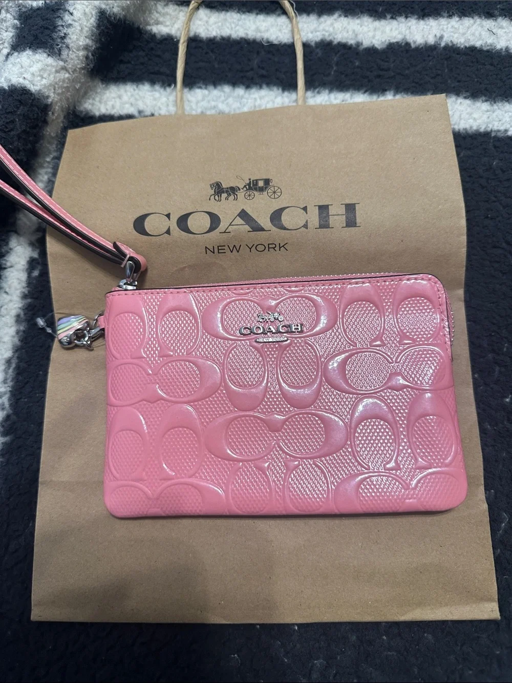 Coach Pink Patent Signature Wristlet Pouch with  Strap w heart